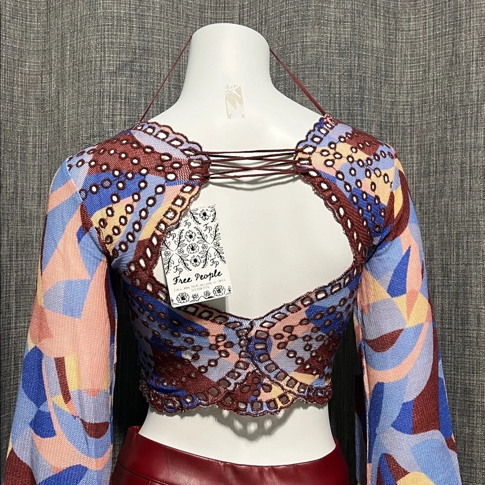 NWT Free People Eyes On You Lace Up Top Pacific Combo RARE TRIM COLOR XS